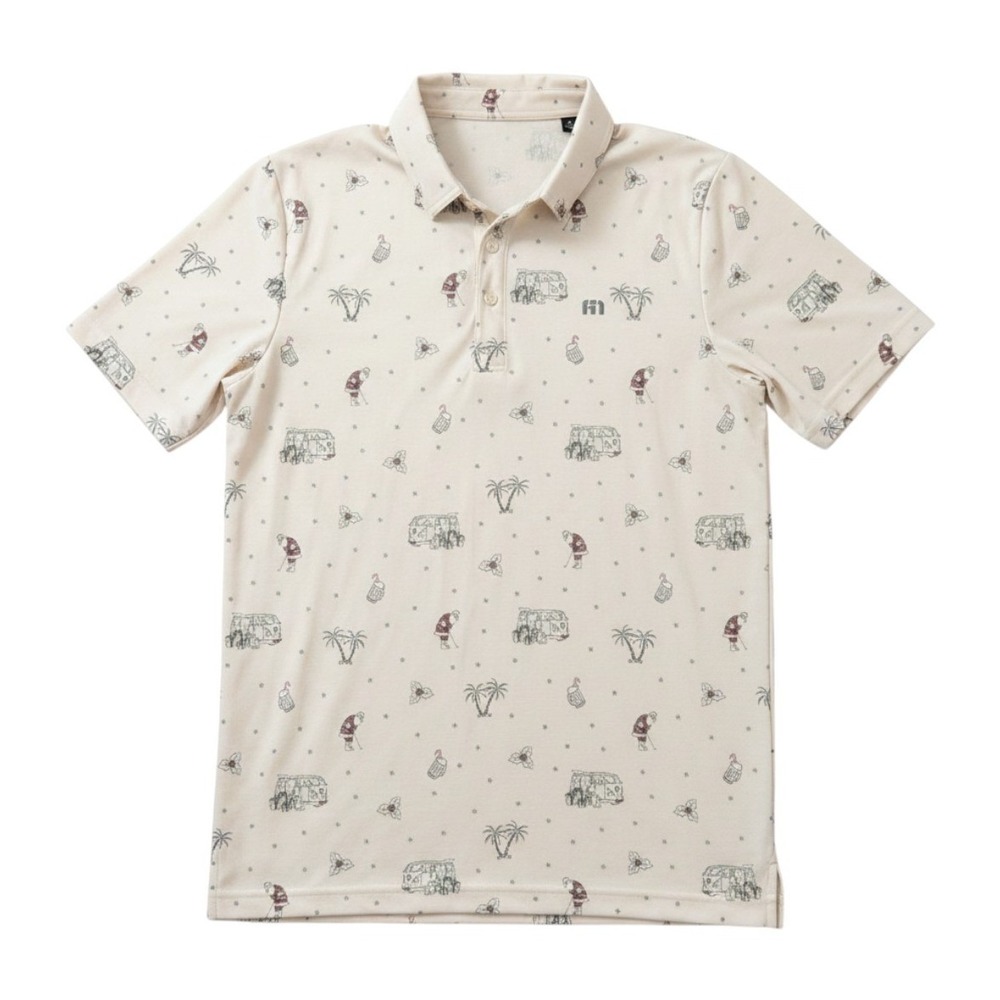NWT Travis Mathew Cookie Swap Mens Polo Shirt Cream Santa Golf VW Bus Holiday M